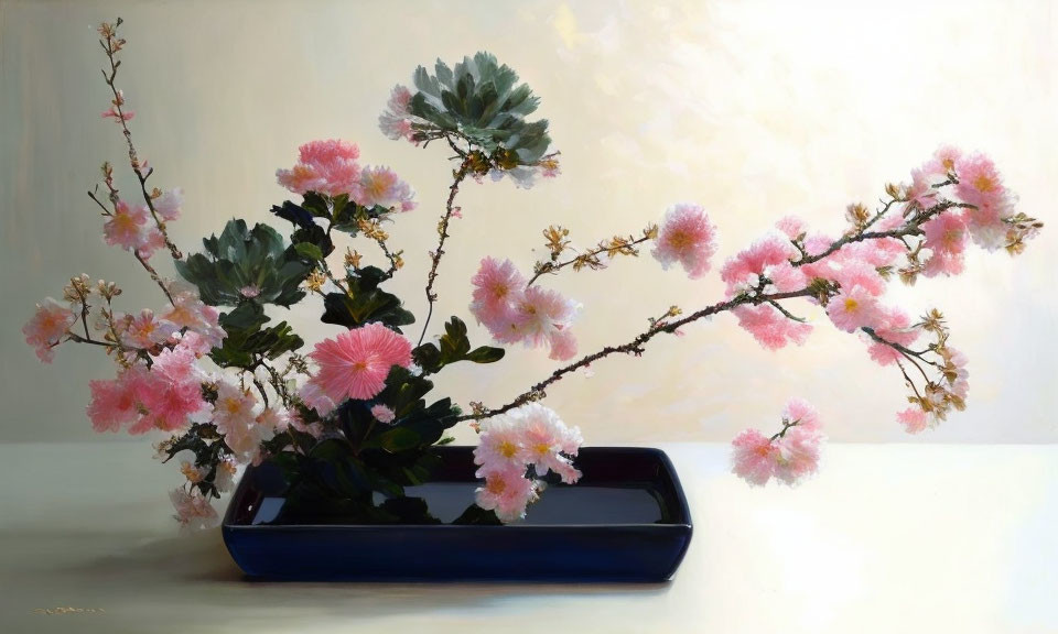 Realistic painting of delicate pink cherry blossoms in dark vase