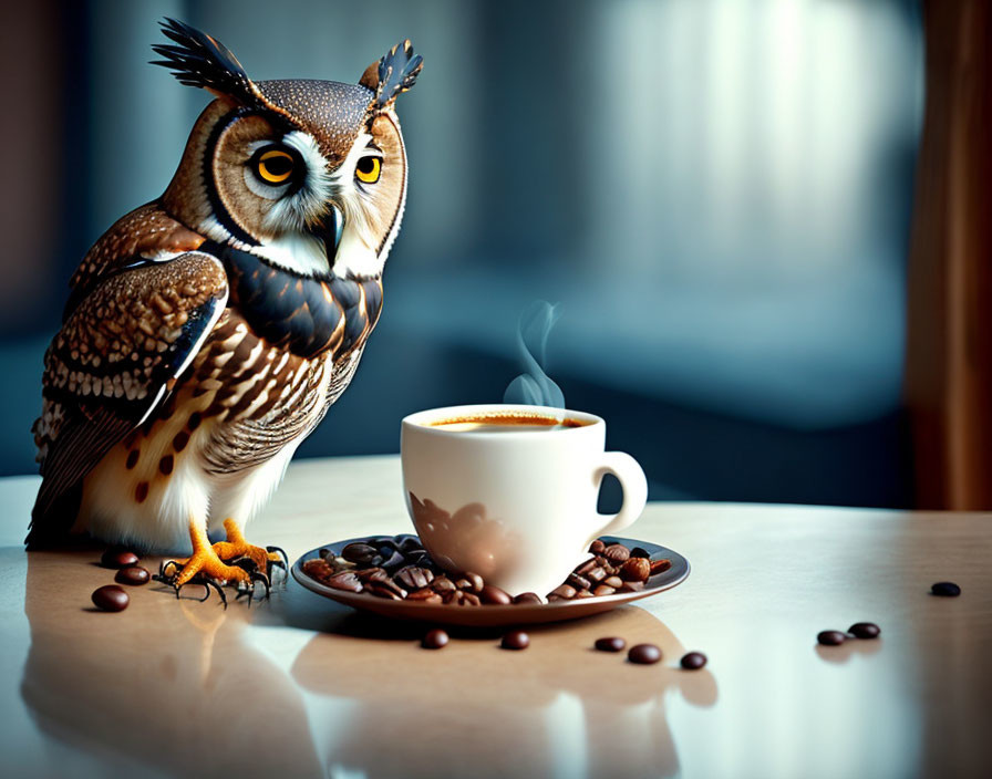 Owl next to steaming coffee cup and beans on table