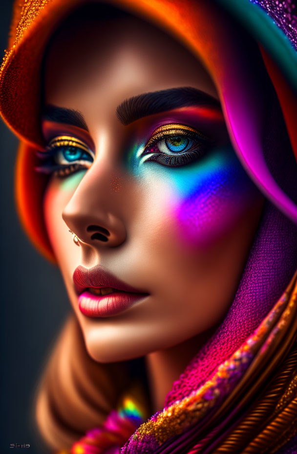 Vibrant portrait of woman with blue eyes, colorful headscarf, and rainbow makeup