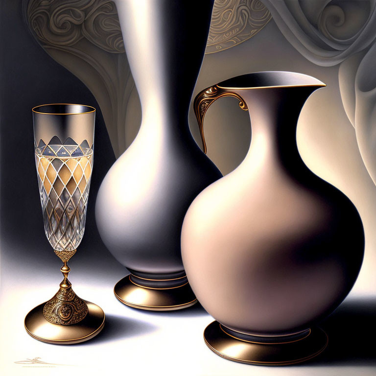 Illusionary artwork: Glass and jug blend on swirled gray background