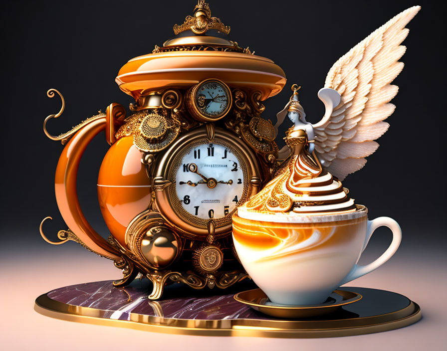 Steampunk-inspired teapot with clock and gear details, paired with winged cup on marble tray