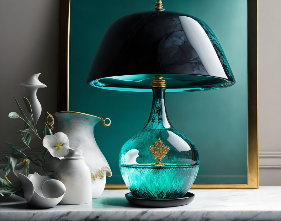 Teal Glass Table Lamp with Black Shade and White Vase on Deep Green Background