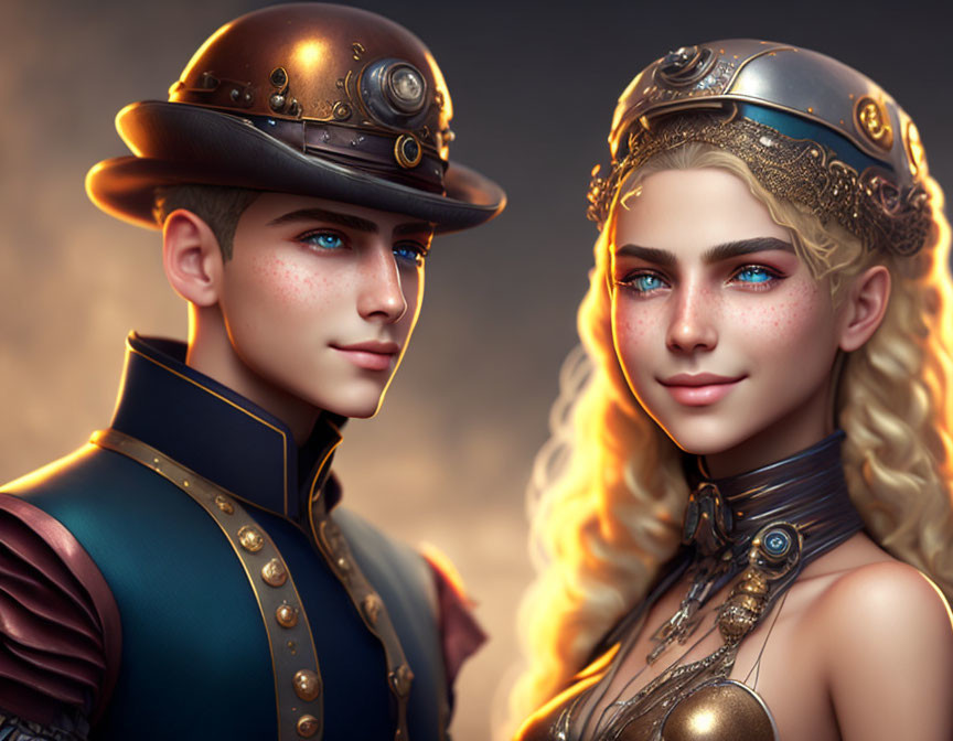 Steampunk characters in brass hats: one with freckles and sharp gaze, the other with