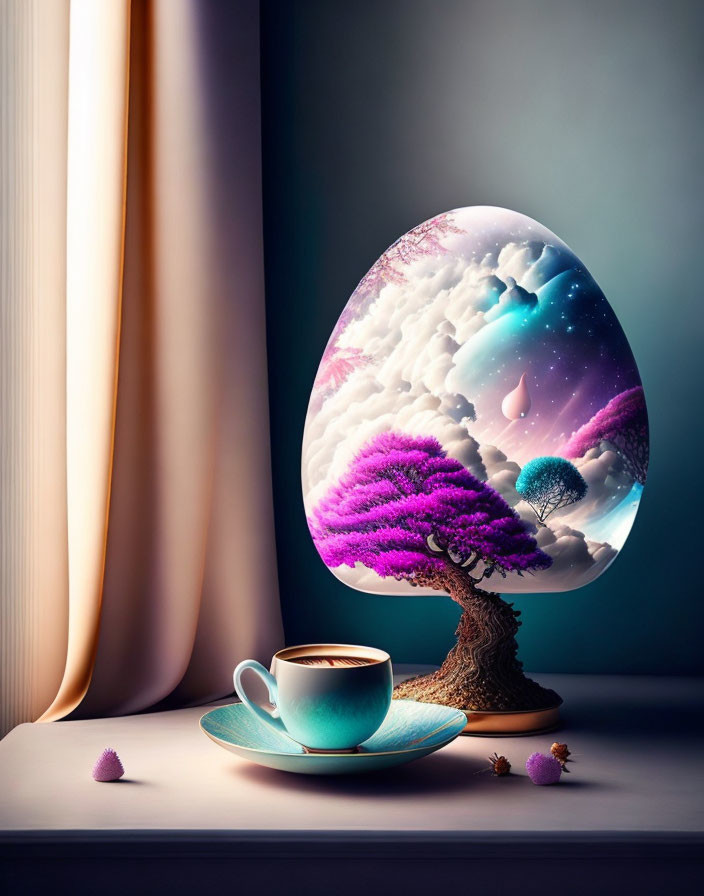 Surreal egg-shaped object with celestial landscape next to coffee cup on table