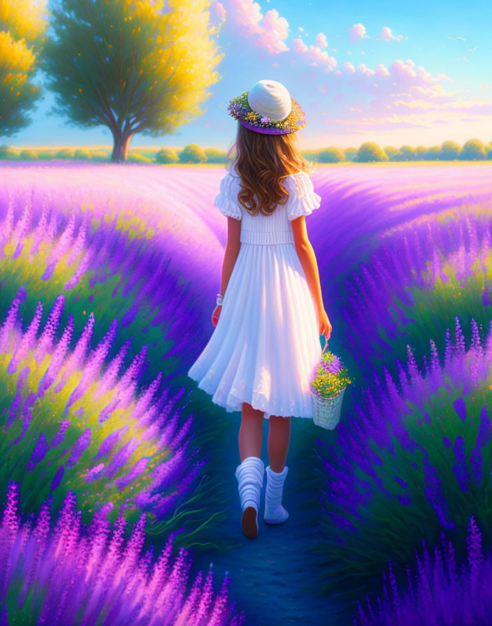 Girl in white dress and hat strolling in lavender field at sunset