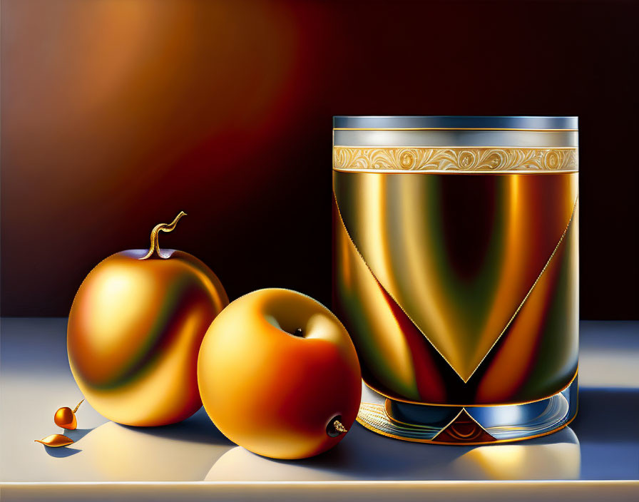 Shiny apples and glass of golden liquid on reflective surface