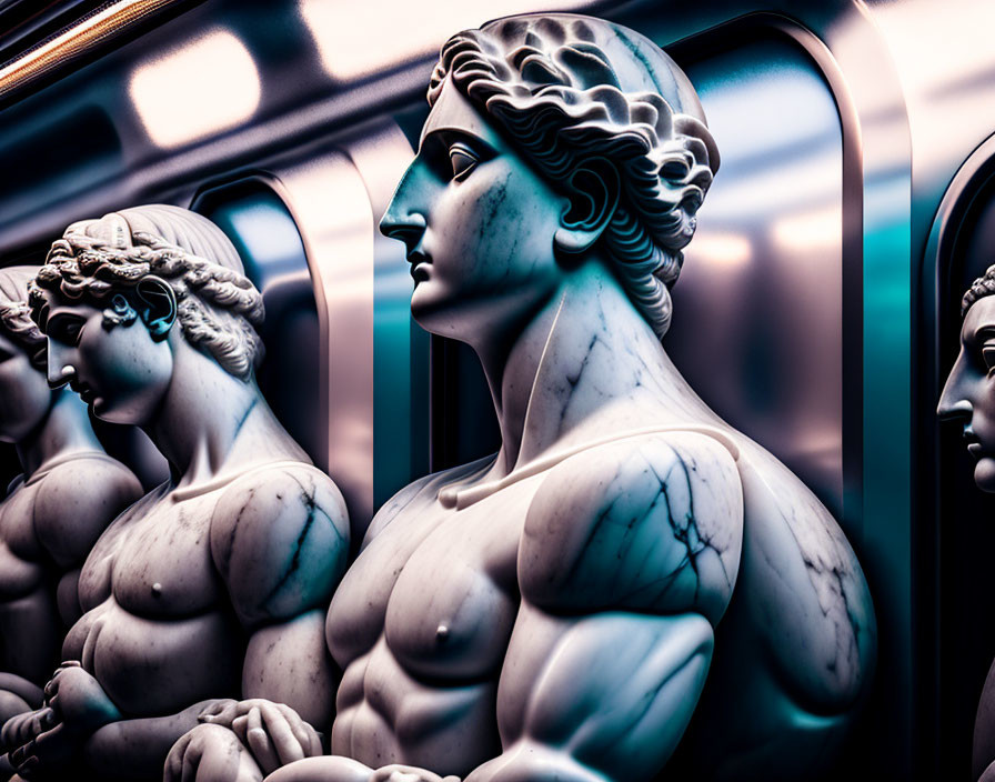 Classical statues of muscular figures with intricate hair against futuristic blue background