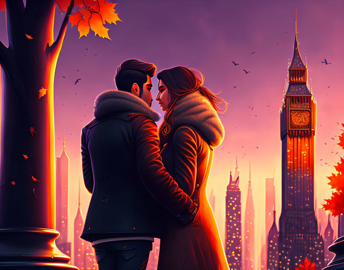 Romantic couple embracing in autumnal park at dusk with Big Ben tower.