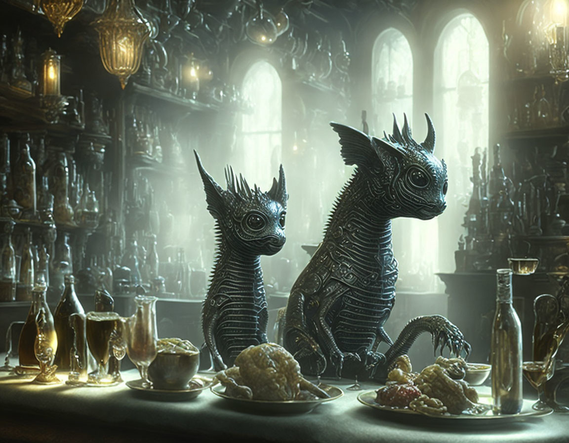 Fantastical dragon-like creatures at lavish banquet table