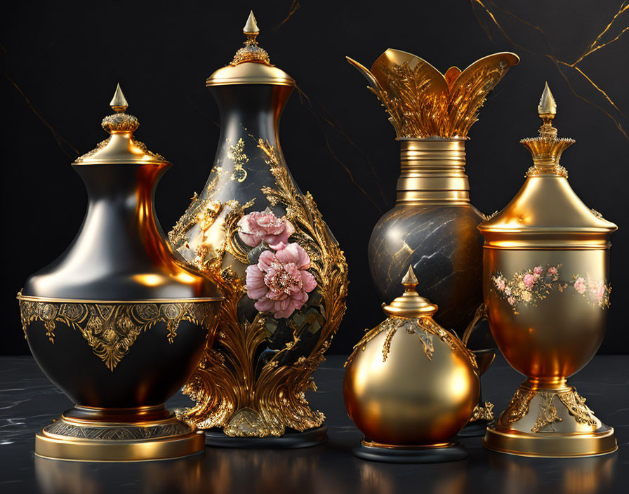 Intricate Gold-Detailed Vases on Reflective Surface