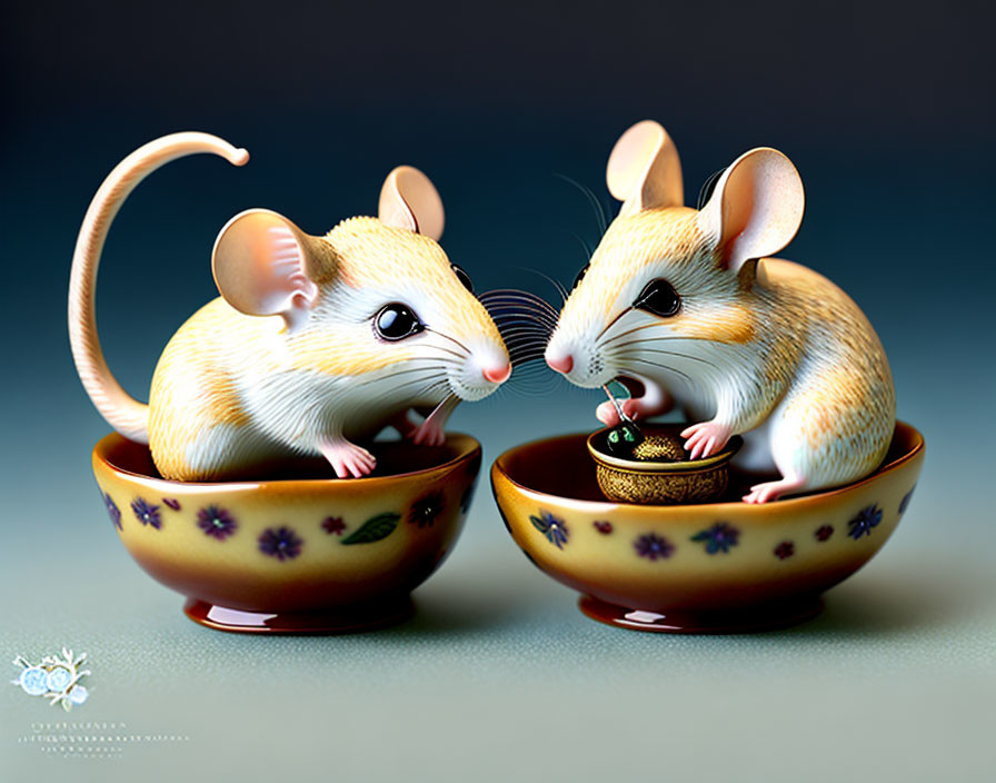 Illustrated mice in decorative bowls with golden ball on dark backdrop