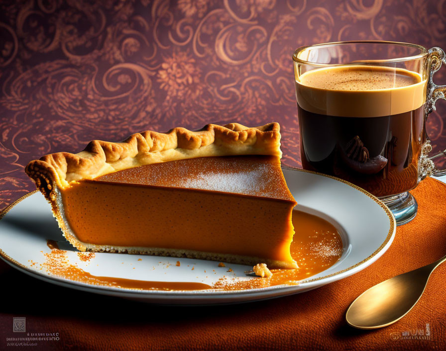 Pumpkin Pie Slice with Coffee on Ornate Background