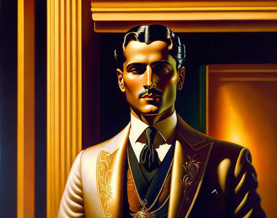 Stylized digital portrait of a suave man in black suit