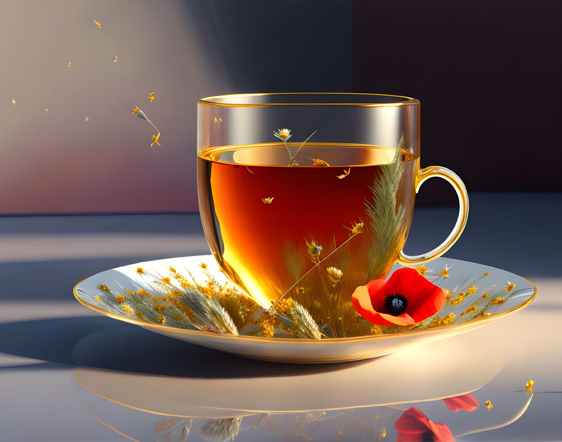 Tea cup with dandelion seeds on floral saucer in warm light