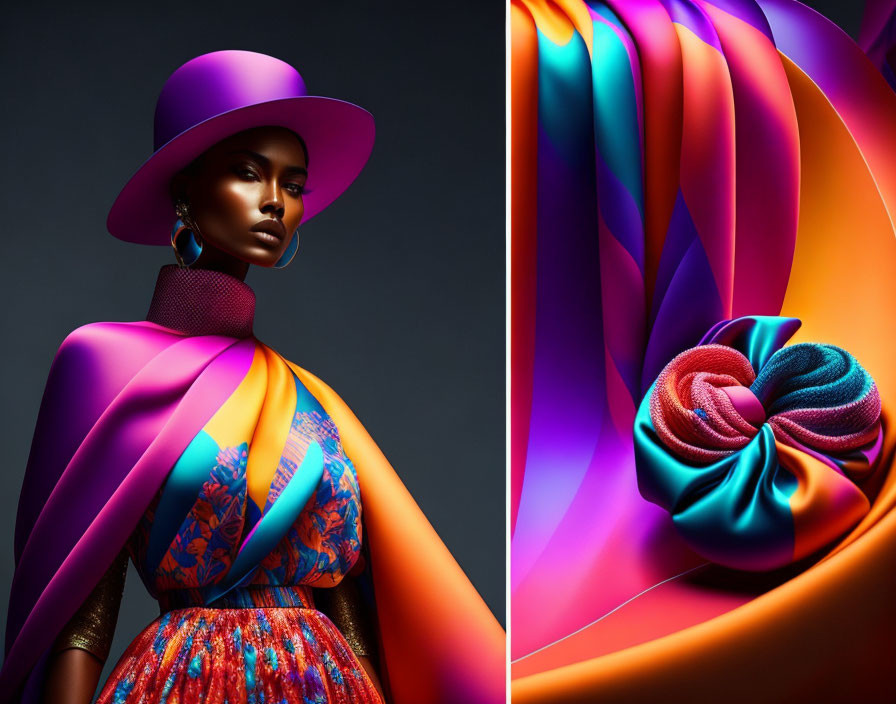 Vibrant woman in colorful attire with abstract swirl ribbons