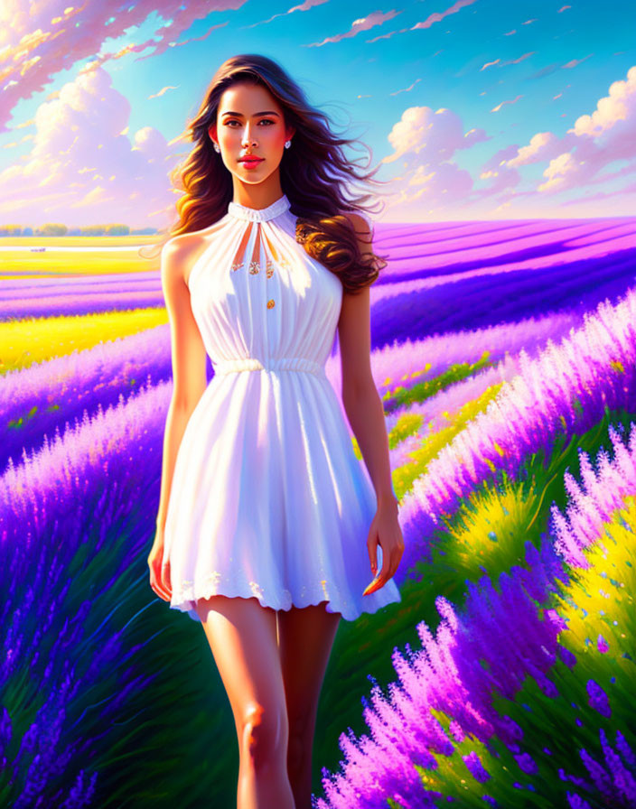 Woman in White Dress in Vibrant Lavender Fields Under Picturesque Sky