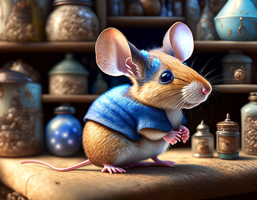 Anthropomorphized mouse in blue shirt surrounded by pottery