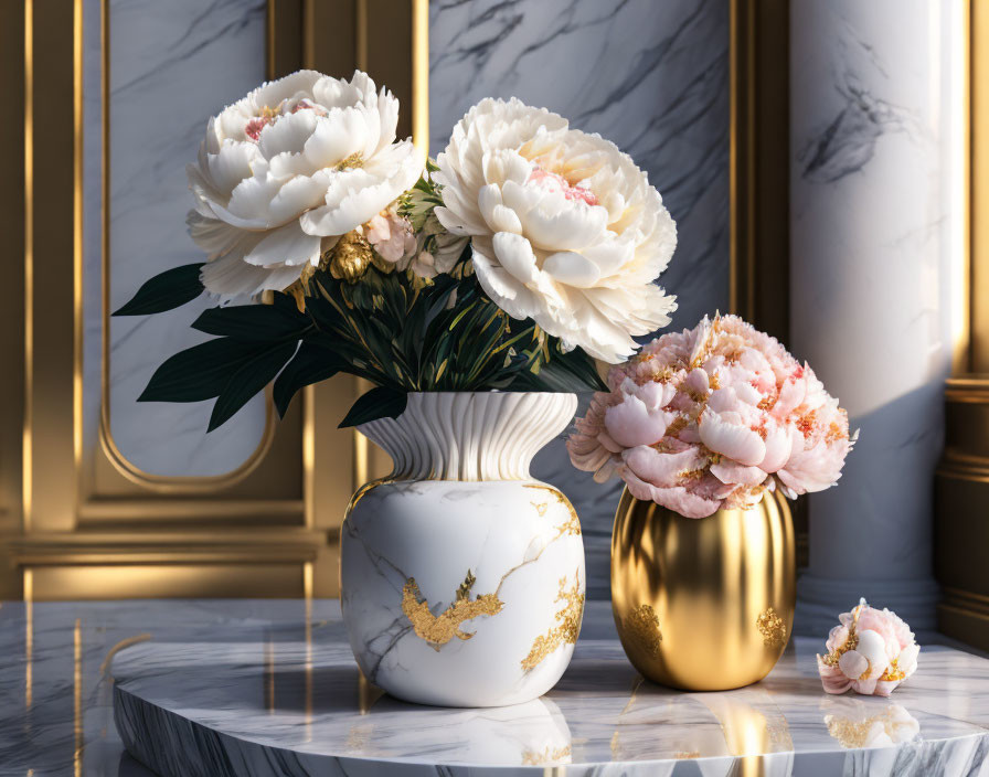 Luxurious Marble Table with White and Pink Peonies Display