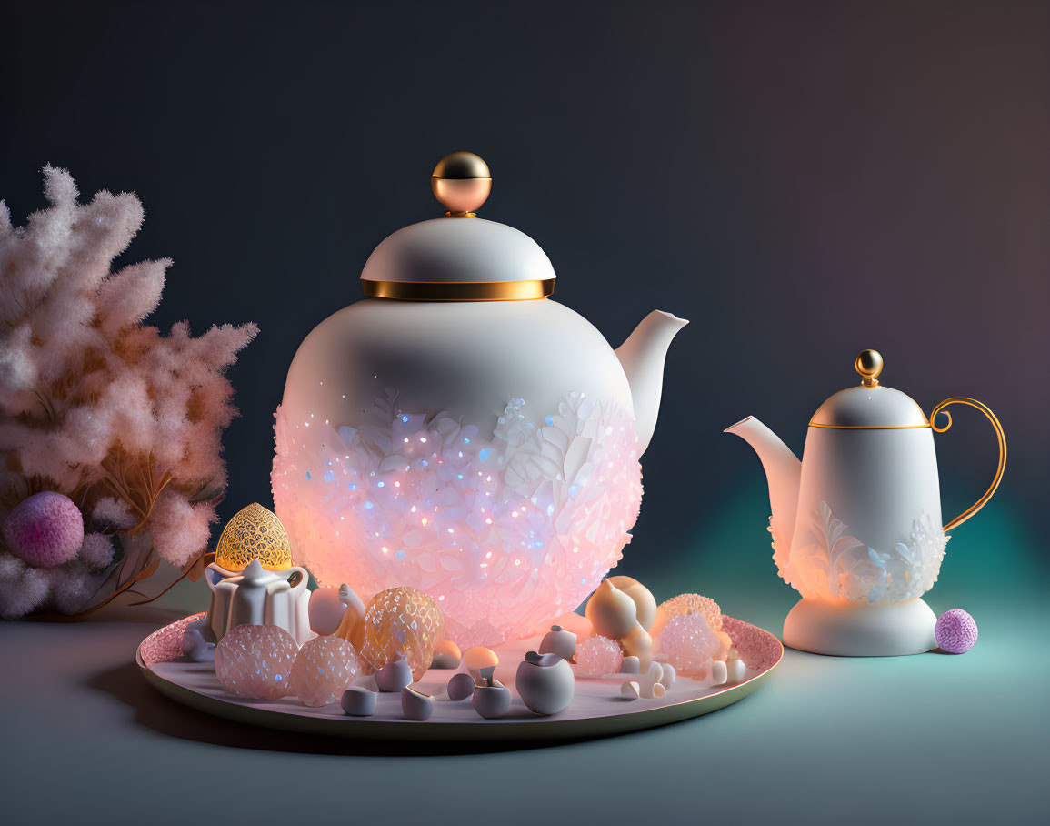 Glowing floral tea set with pastel sweets and pink foliage