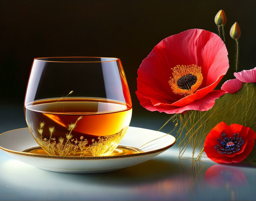 Colorful digital artwork: glass of amber liquid, blooming red poppy, buds, reflective surface