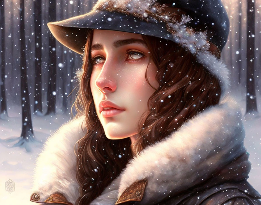 Brown-haired woman in hat gazes in snowy forest scene