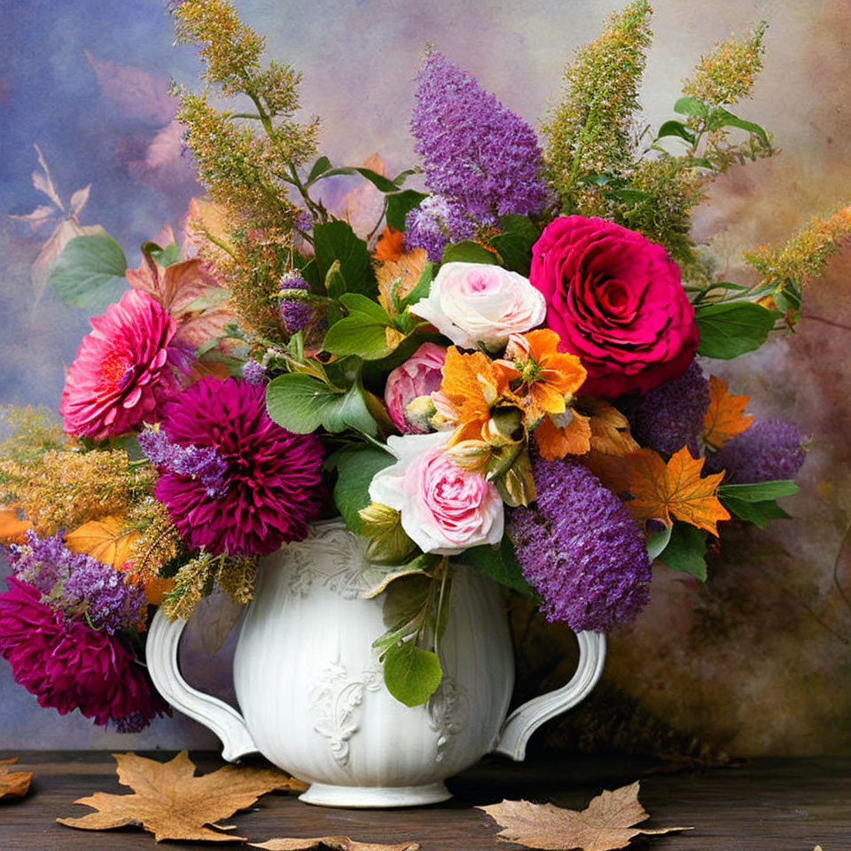 Colorful Flower Bouquet in White Vase on Painterly Background