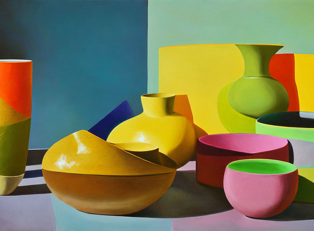 Vibrant still life painting with geometric vases and bowls