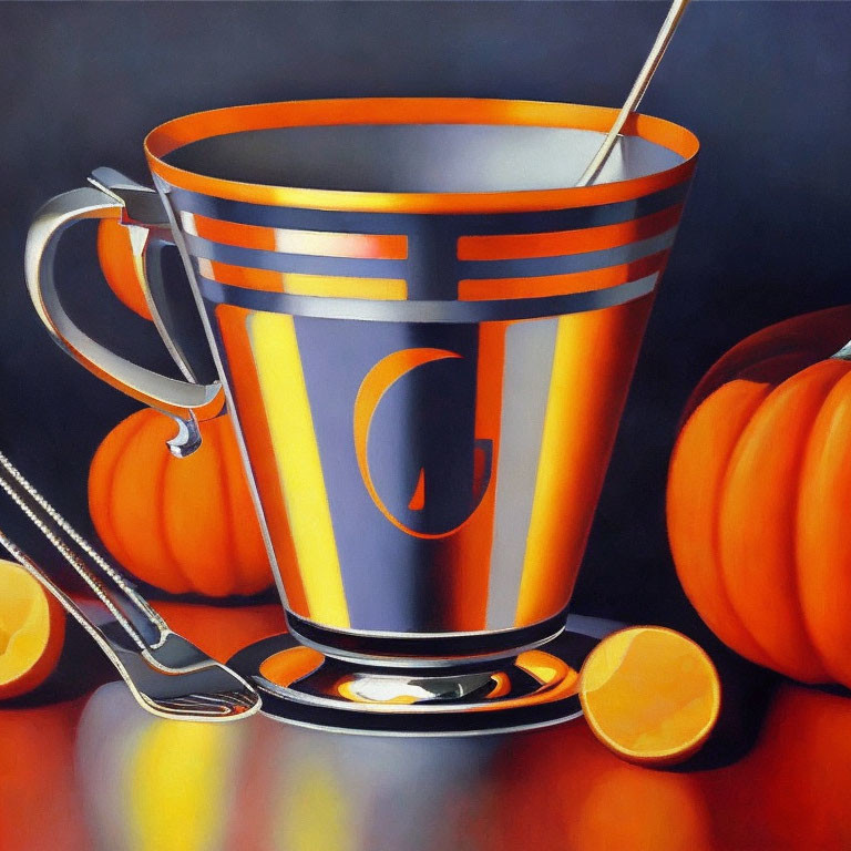 Colorful Still Life Painting with Orange Cup, Pumpkins, and Fruit