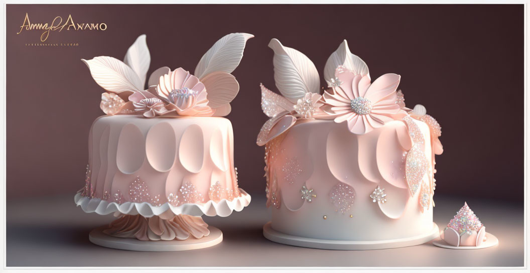 Elegant Fondant-Covered Cakes with Pink Flowers and Pearls