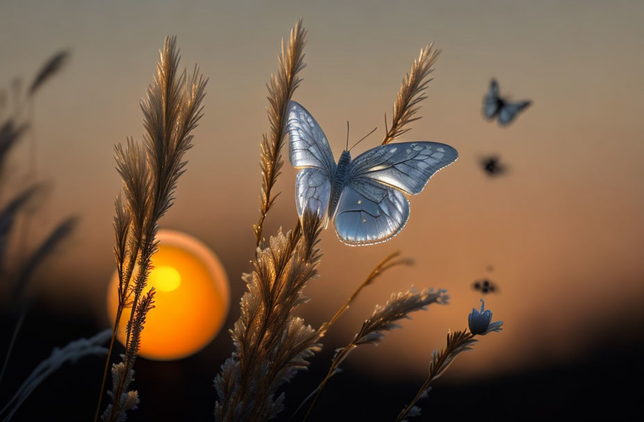 Butterflies on golden wheat field at sunset