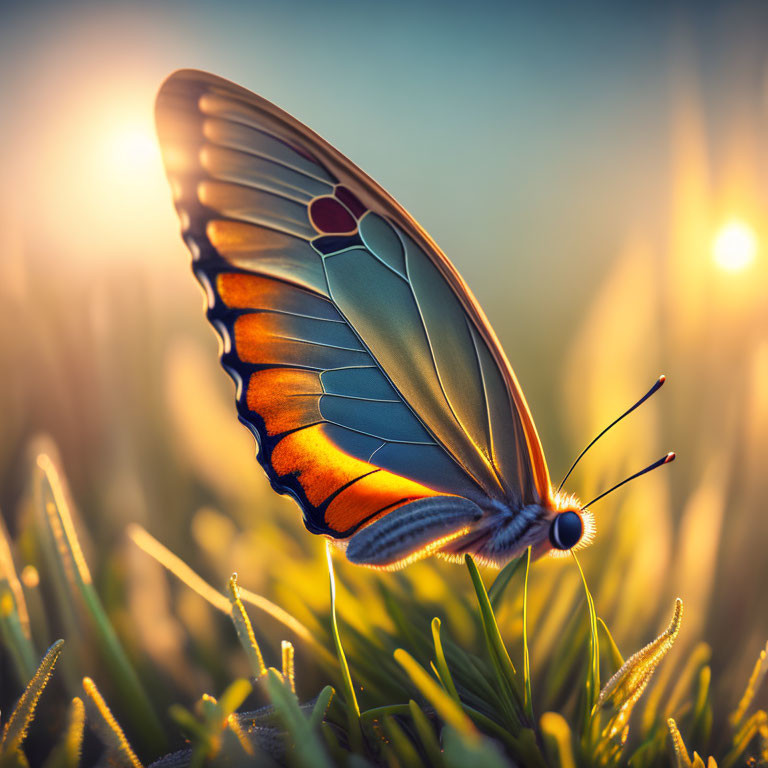 Colorful Butterfly on Green Grass under Golden Sunlight