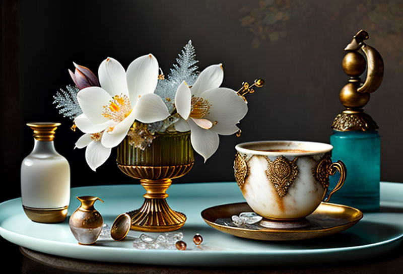 White Floral Arrangement in Golden Vase with Vintage Cup and Saucer