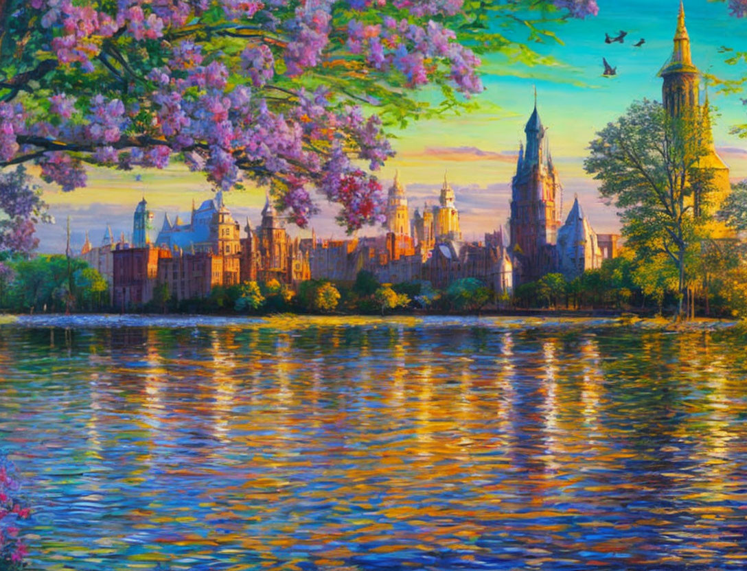 Colorful lakeside painting with blooming trees, sunset sky, historical buildings.