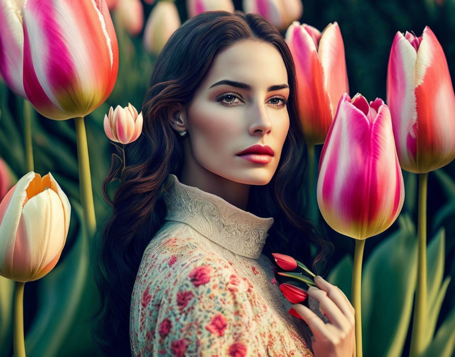 Dark-haired woman with tulips, serene and natural beauty