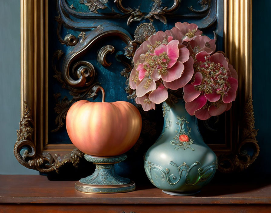 Peach-Colored Pumpkin, Turquoise Vase, Pink Flowers on Blue and Gold Background