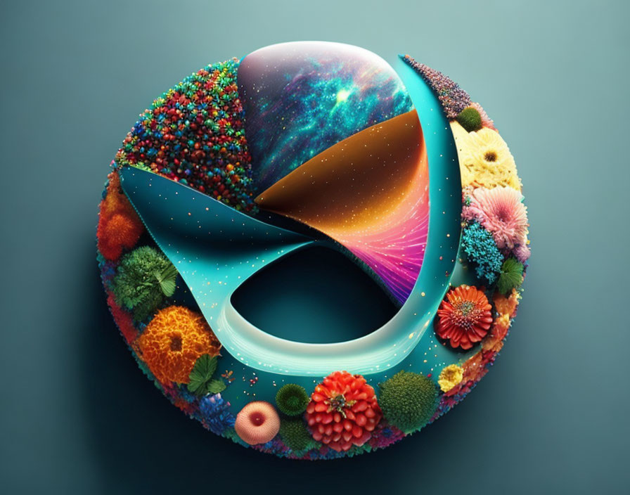 Surreal 3D artwork: Vibrant Mobius strip with diverse landscapes & cosmic elements