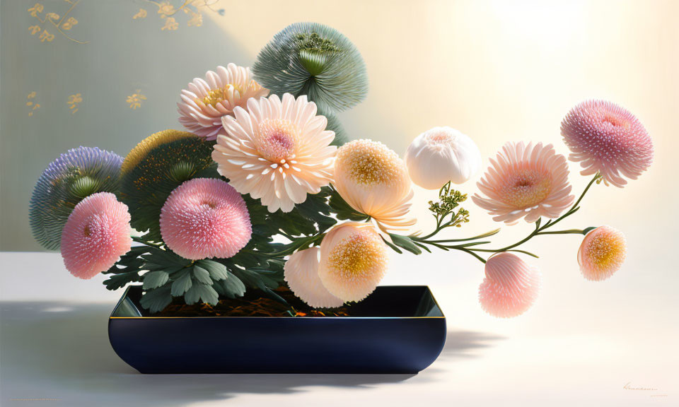 Vibrant assorted flowers in dark blue vase on soft backdrop