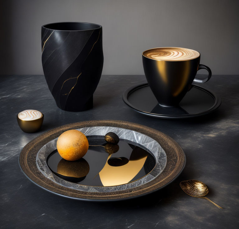 Still life composition with latte art coffee cup, vase, chocolate, fruit, and golden spoon on