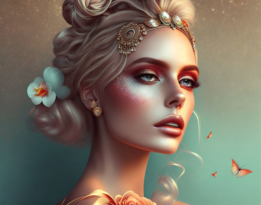 Portrait of Woman with Ornate Head Jewelry, Floral Hairpiece, Glittery Makeup, and Butter