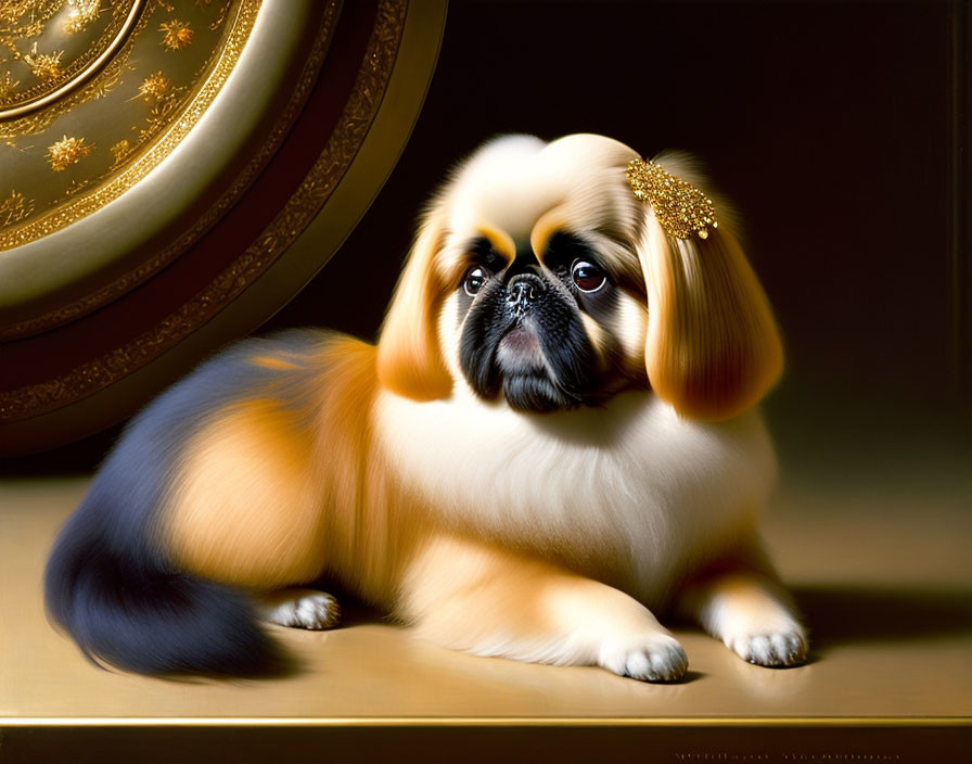 Tricolor Pekingese puppy beside ornate golden dish