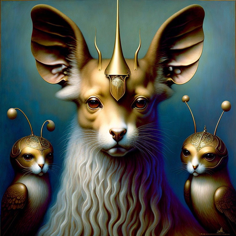 Fantastical creature with large ears and golden crown surrounded by smaller creatures with antenna-like protrusions