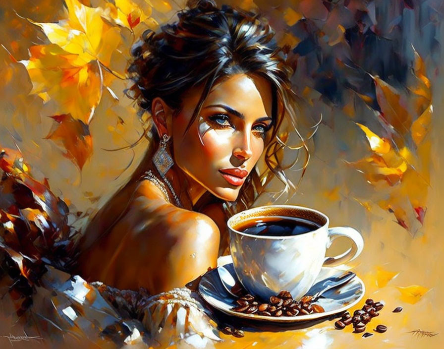 Woman with captivating eyes holding a cup of coffee in autumnal setting