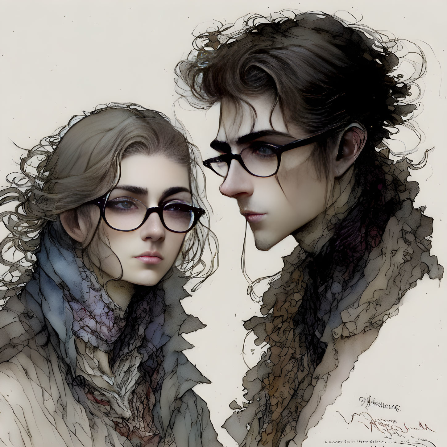 Illustration of two individuals with styled hair and round glasses in earth tones.