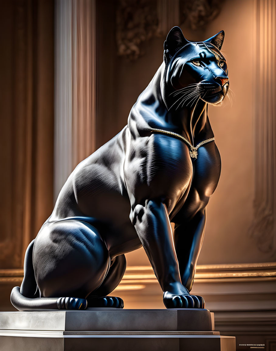 Black Panther Statue with Diamond Necklace on Stone Pedestal in Elegant Room