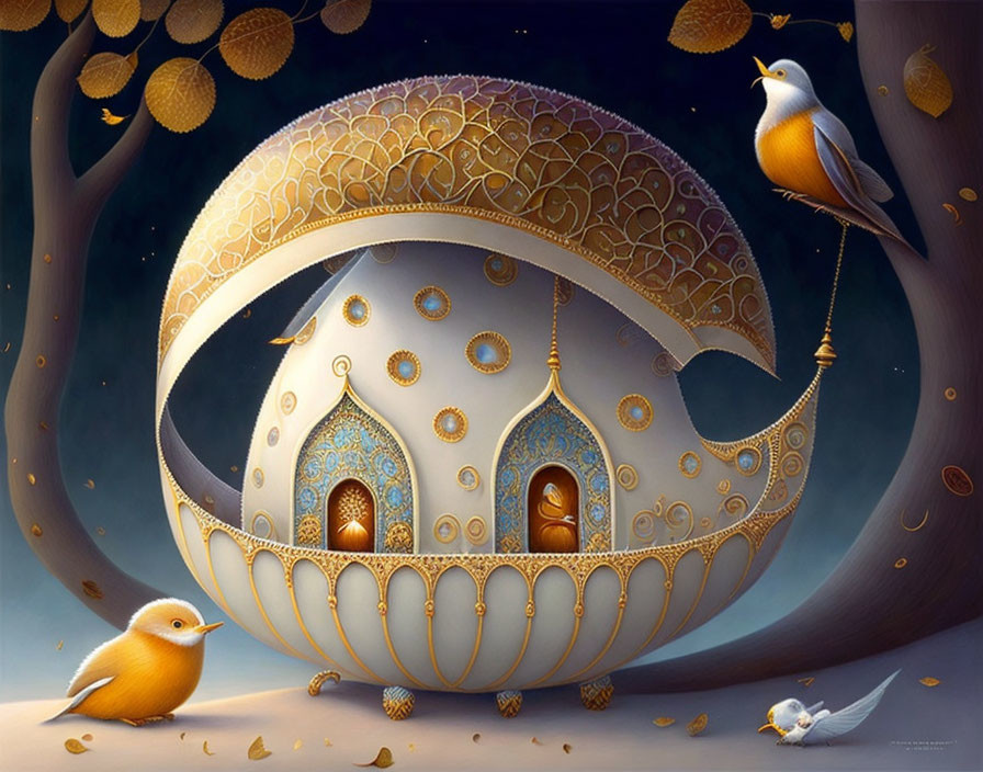 Golden egg-shaped birdhouse with intricate patterns, three birds, twilight backdrop