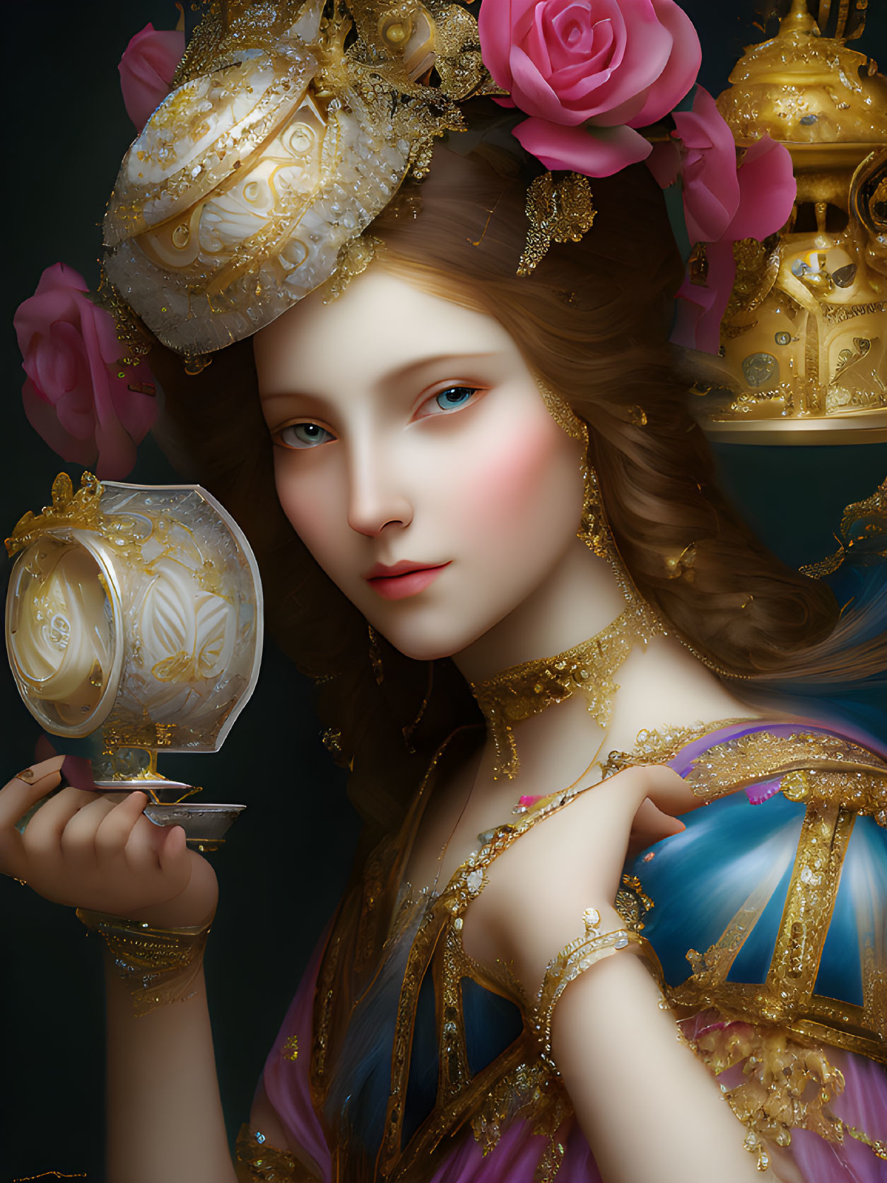 Fantasy-themed portrait of a woman with golden jewelry and roses.