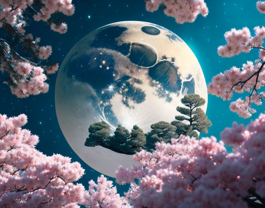 Surreal pink cherry blossoms, massive moon, celestial bodies, and towering pine trees in star