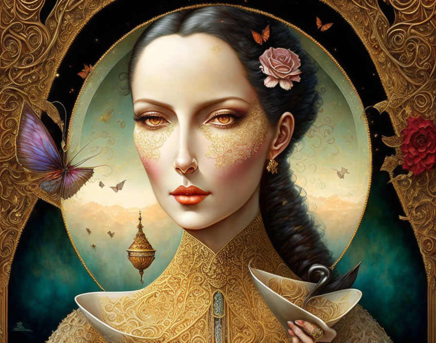 Surreal portrait of woman with golden facial patterns and butterflies.