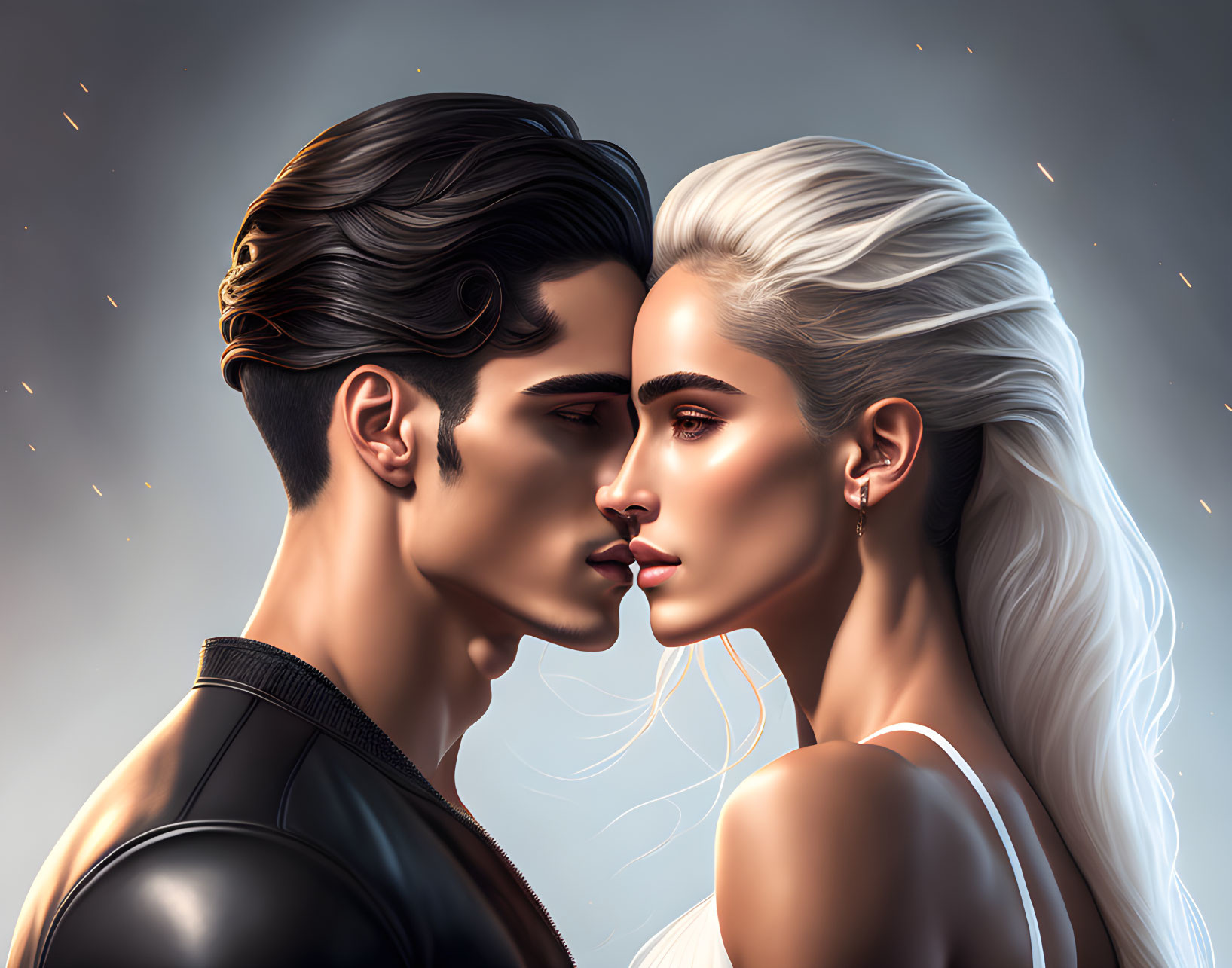 Romantic digital illustration of man and woman in close pose