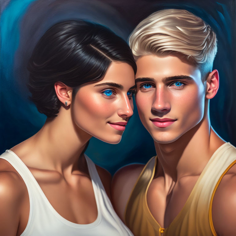 Portrait of young couple with striking blue eyes, woman with dark hair, man with blonde hair